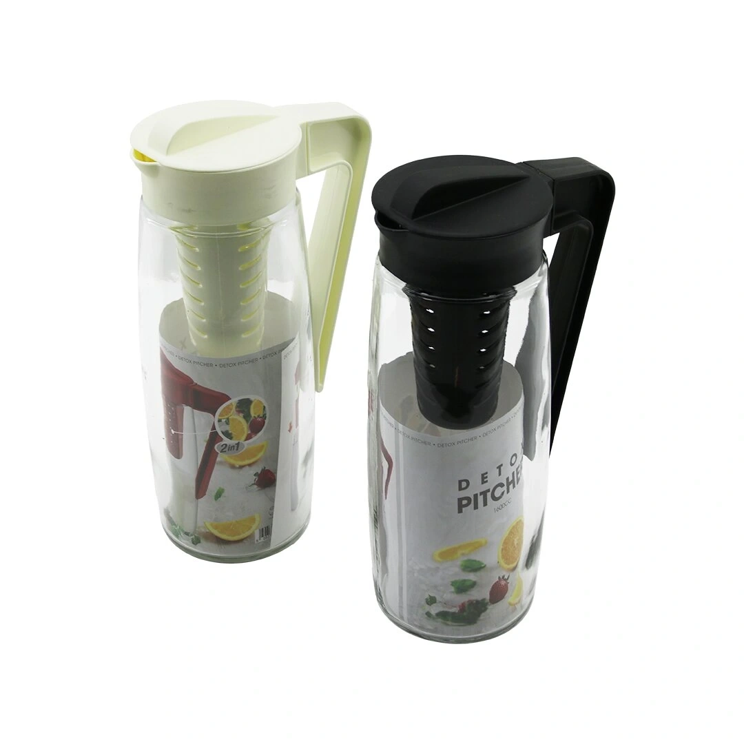 QLUX C-00250 KAREFE DETOX (2İN1=MEYVE TÜPLÜ & DÜZ ŞEFFAF CAM) SÜRAHİ (1600 CC) (PLASTİK KAPAK) (TAK--ÇIKAR (7=ŞEKİL) PLS.KULP )*6=K