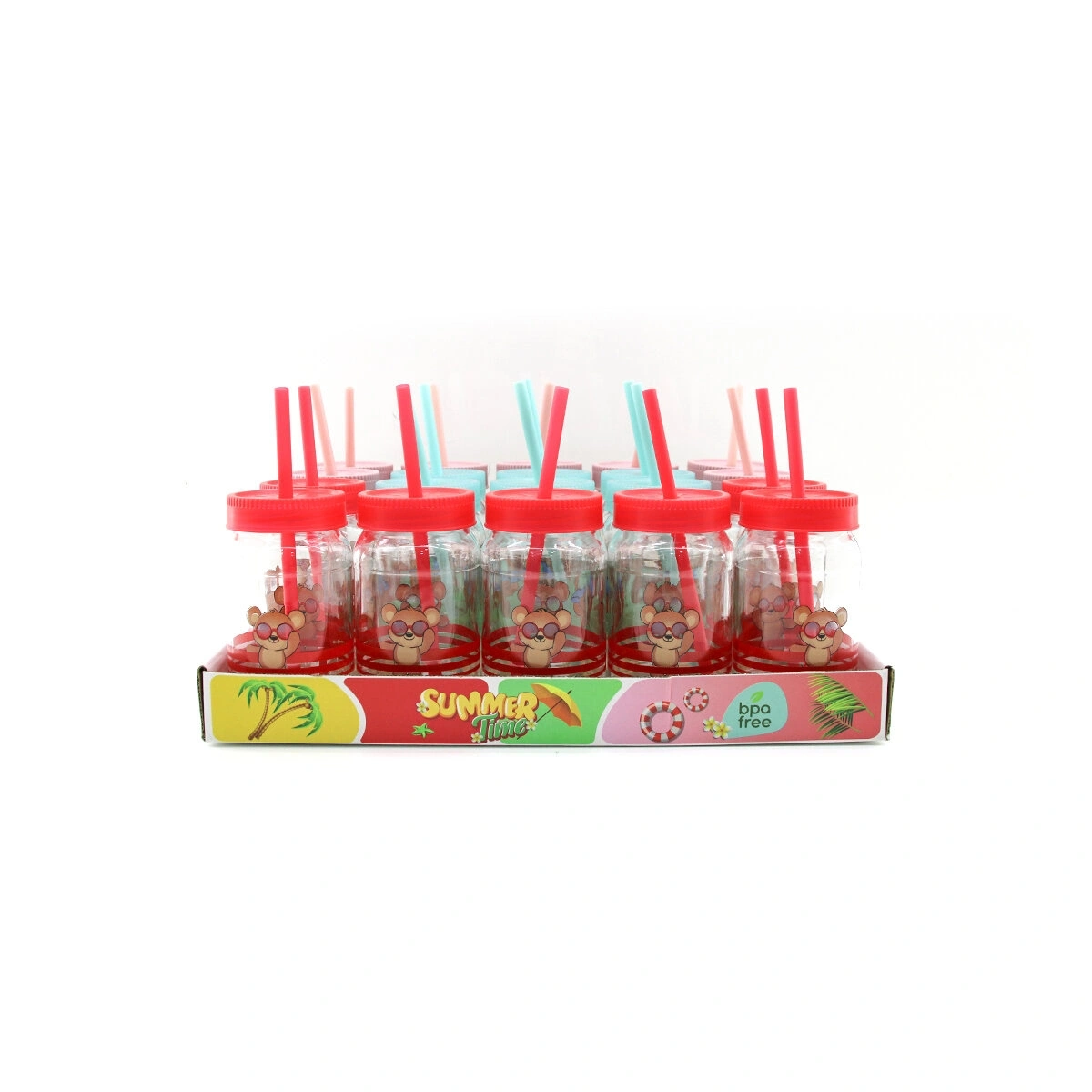 QLUX C-00558 TEDDY BEAR ( PİPETLİ  ) ( CAM ) BARDAK (AYICIK RESİMLİ) ( NO-2 ) ( 370CC ) ( RENKLİ PLASTİK KAPAK )*20=K