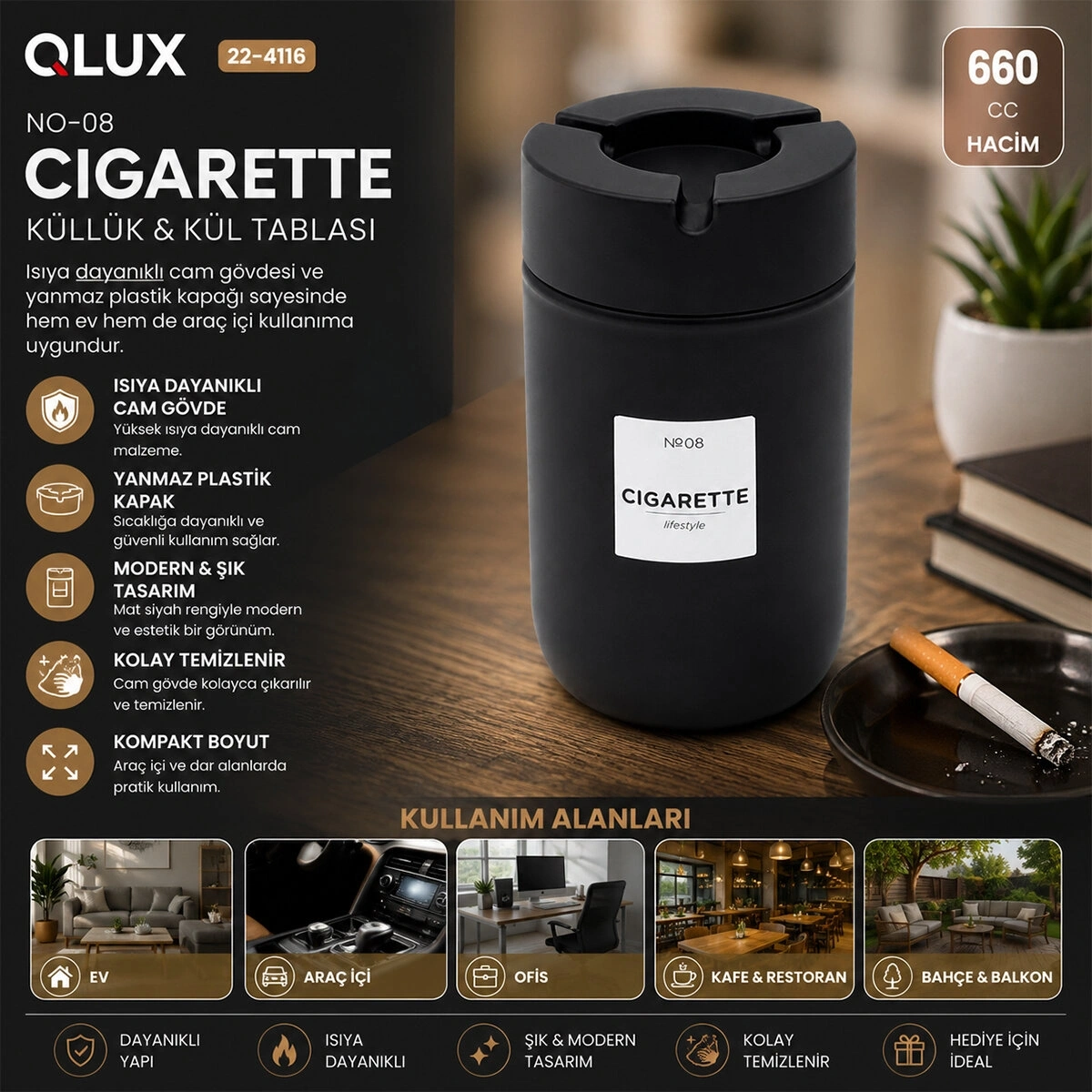 QLUX C-00570 ( 660CC ) ( SİYAH CAM ) ( SİYAH PLASTİK KAPAK ) KÜLLÜK ( NO-08 CIGARETTE & KÜL TABLASI )*12=K