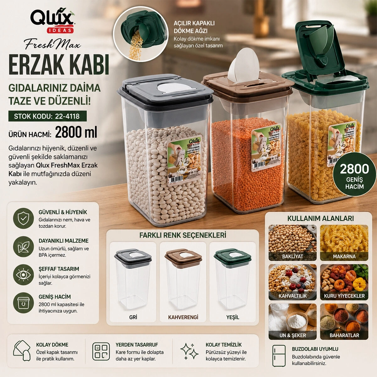 QLUX L-00993 ( NO 3 ) ( RENKLİ ) FRESHMAX ERZAK KABI ( ŞEFFAF PLS.KAP ) ( 2800ML )*18=K