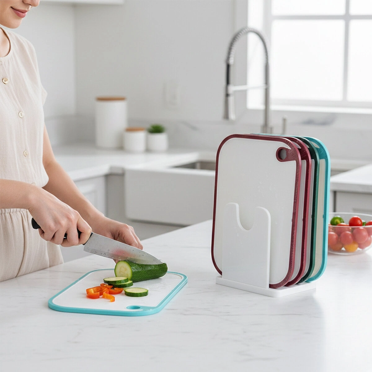 QLUX L-01009 KITCHENQ ( 2PCS SET ) (PLASTİK) KESİM PANOSU  (19X24CM & 23.3X35.5CM) (RENKLİ SİLİKON KENAR & KENAR DELİKLİ TUTAMAK)*8=K