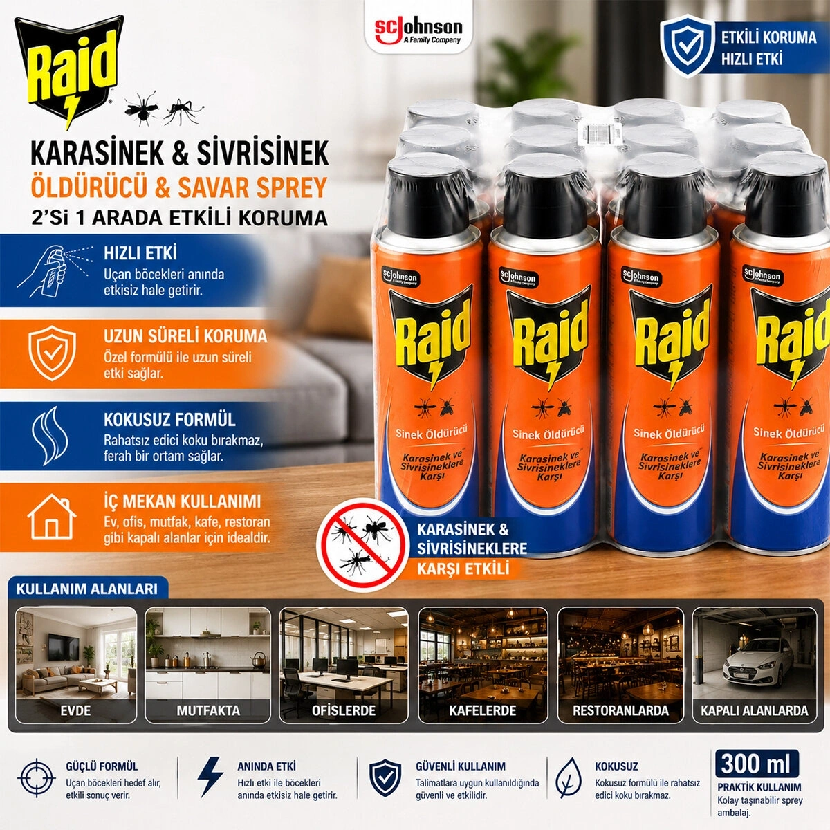 RAİD ( SPREY= KOKUSUZ ) KARASİNEK & SİVRİSİNEK ÖLDÜRÜCÜ & SAVAR İLAÇ SPREY ( 300ML )*12X4