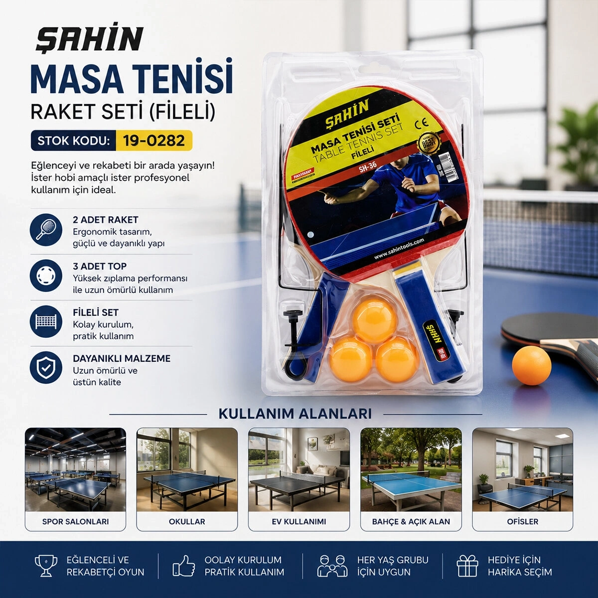 ŞAHİN TOOLS ŞHT-361 ( MASA TENİSİ ) ( FİLELİ ) PİNPON  RAKET SETİ ( 2PCS RAKET & 3PCS TOP & 1PCS FİLE - AYAK )*50