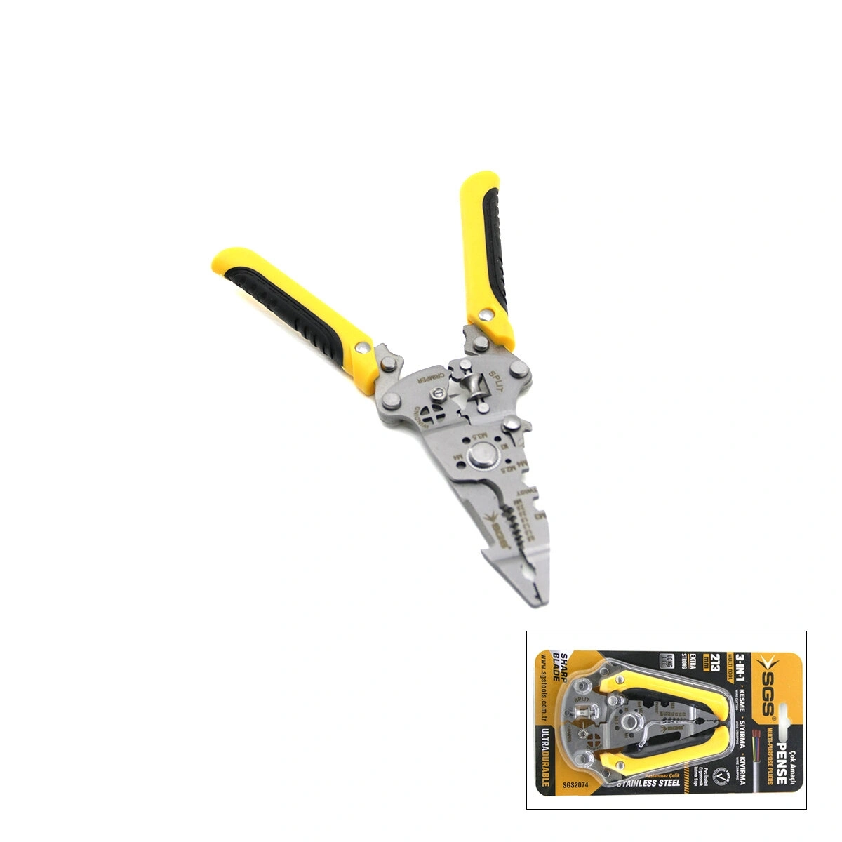 SGS-2074 ( 3İN1 ) ÇOK AMAÇLI ELEKTRİKÇİ PENSE ( KESME - SIYIRMA - KIVIRMA ) 213MM*100
