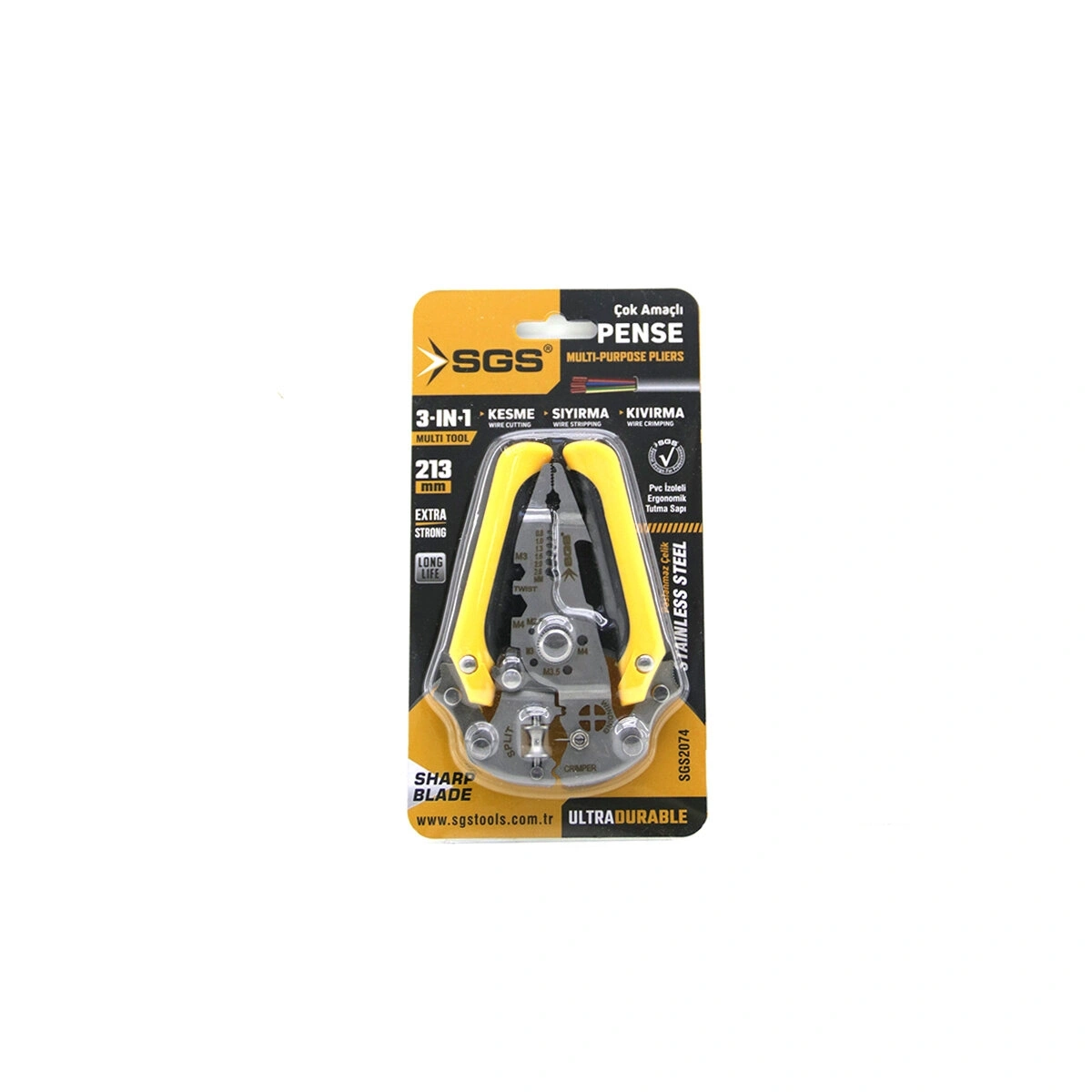 SGS-2074 ( 3İN1 ) ÇOK AMAÇLI ELEKTRİKÇİ PENSE ( KESME - SIYIRMA - KIVIRMA ) 213MM*100
