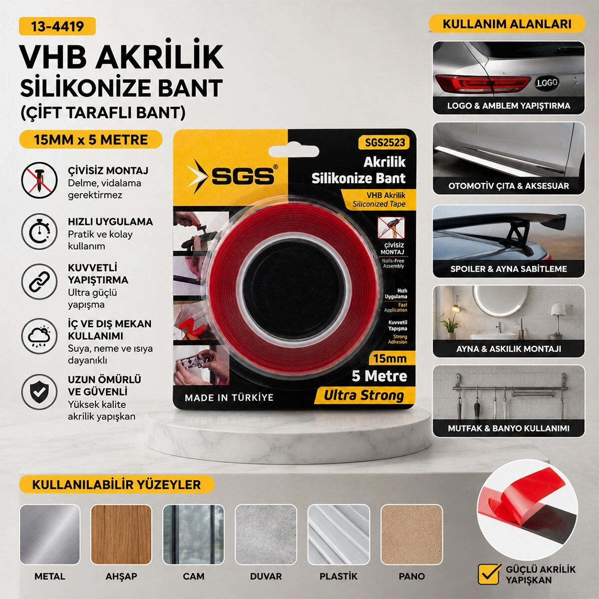 SGS-2523 ( 15MMX5YRD ) VHB AKRİLİK SİLİKONİZE BANT (ÇİFT TARAFLI BANT) ( BANDI )*40