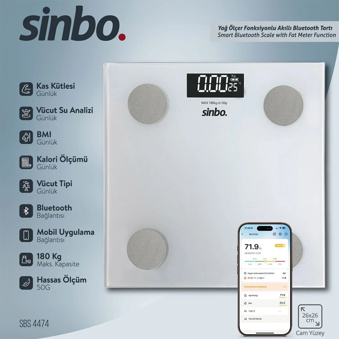 SİNBO SBS-4474 (YAĞ ÖLÇER) AKILLI (BLUETOOTH) CAM BASKÜL (PİLLİ) (180KG/50GR) (26X26CM) (8-KİŞİ HAFIZA) (LCD EKRAN)*10