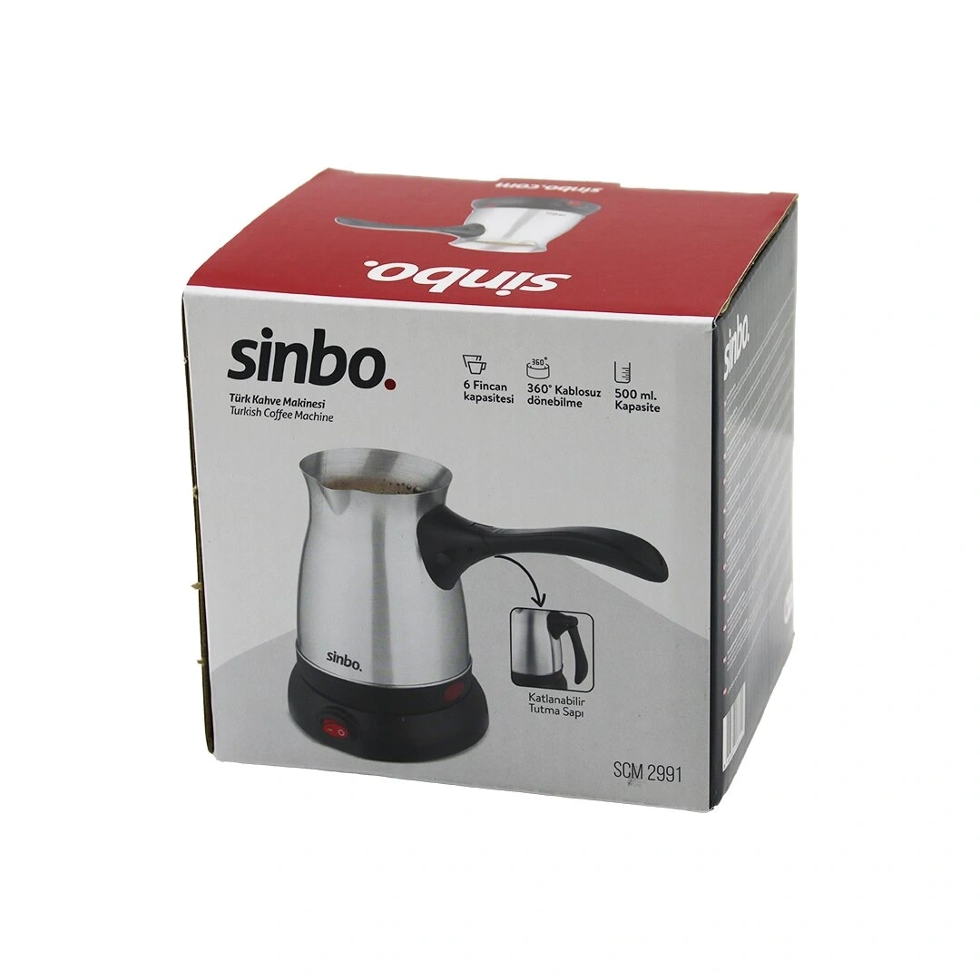 SİNBO SCM-2991 (ÇELİK) ELEKTRİKLİ CEZVE (TÜRK KAHVE MAKİNESİ & 6FİNCAN=500ML) (360° KABLOSUZ KULLANIM) (KATLANIR KULP) (600W)*8