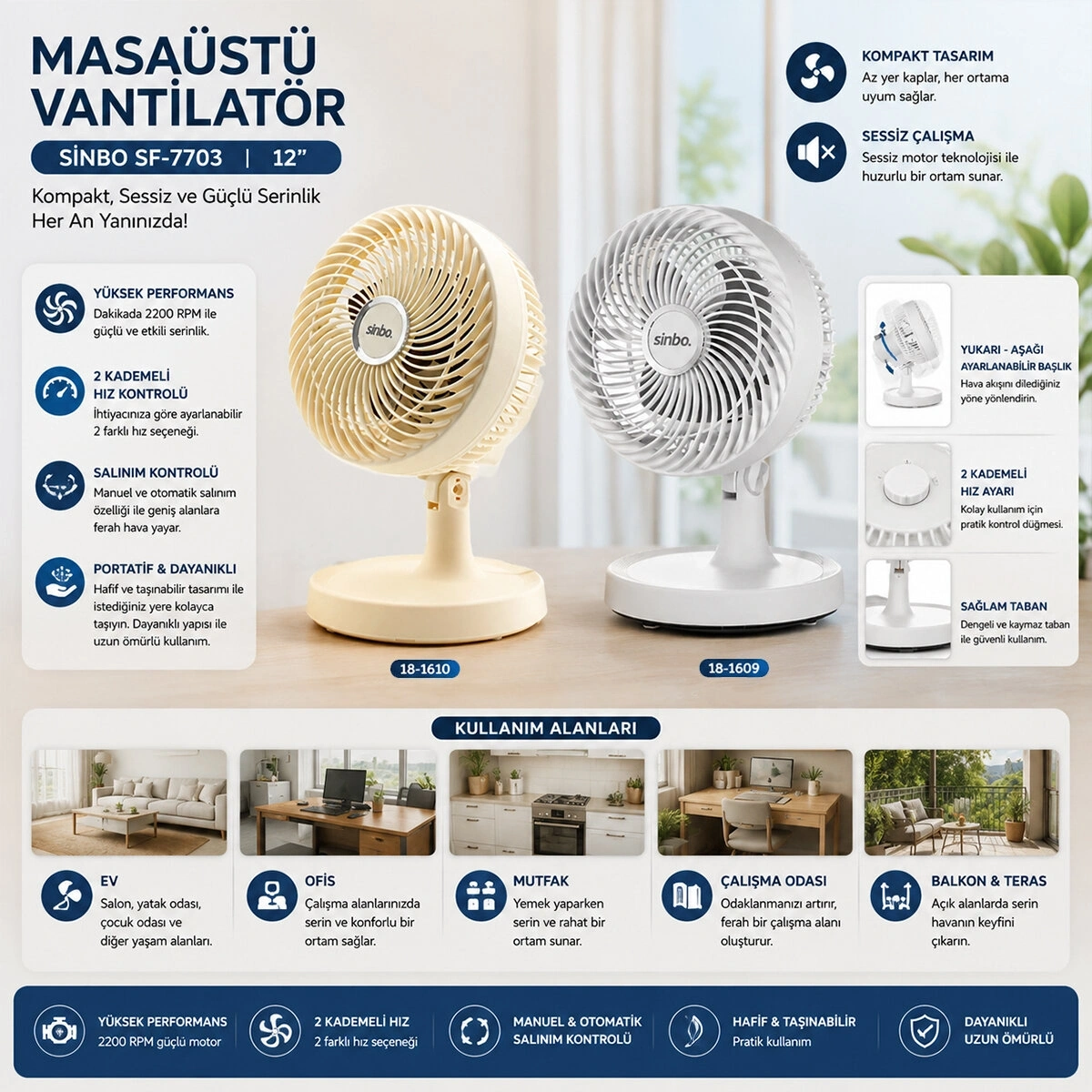 SİNBO SF-7703 ( BEJ ) ( 12 ) ( EV & OFİS ) ( KOMPAKT & SESSİZ & İKİ KADEME ) MASAÜSTÜ VANTİLATÖR*12