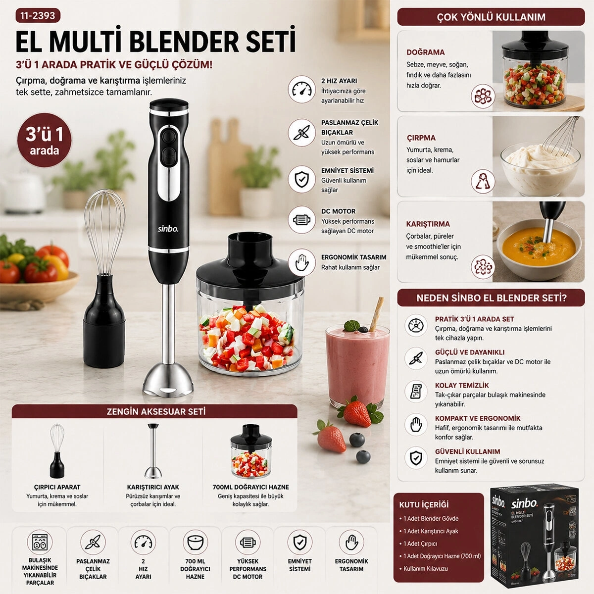 SİNBO SHB-7529 ( 2HIZ AYAR & PASLANMAZ ÇELİK BIÇAK ) EL MULTİ BLENDER SETİ ( 700ML HAZNELİ )*4