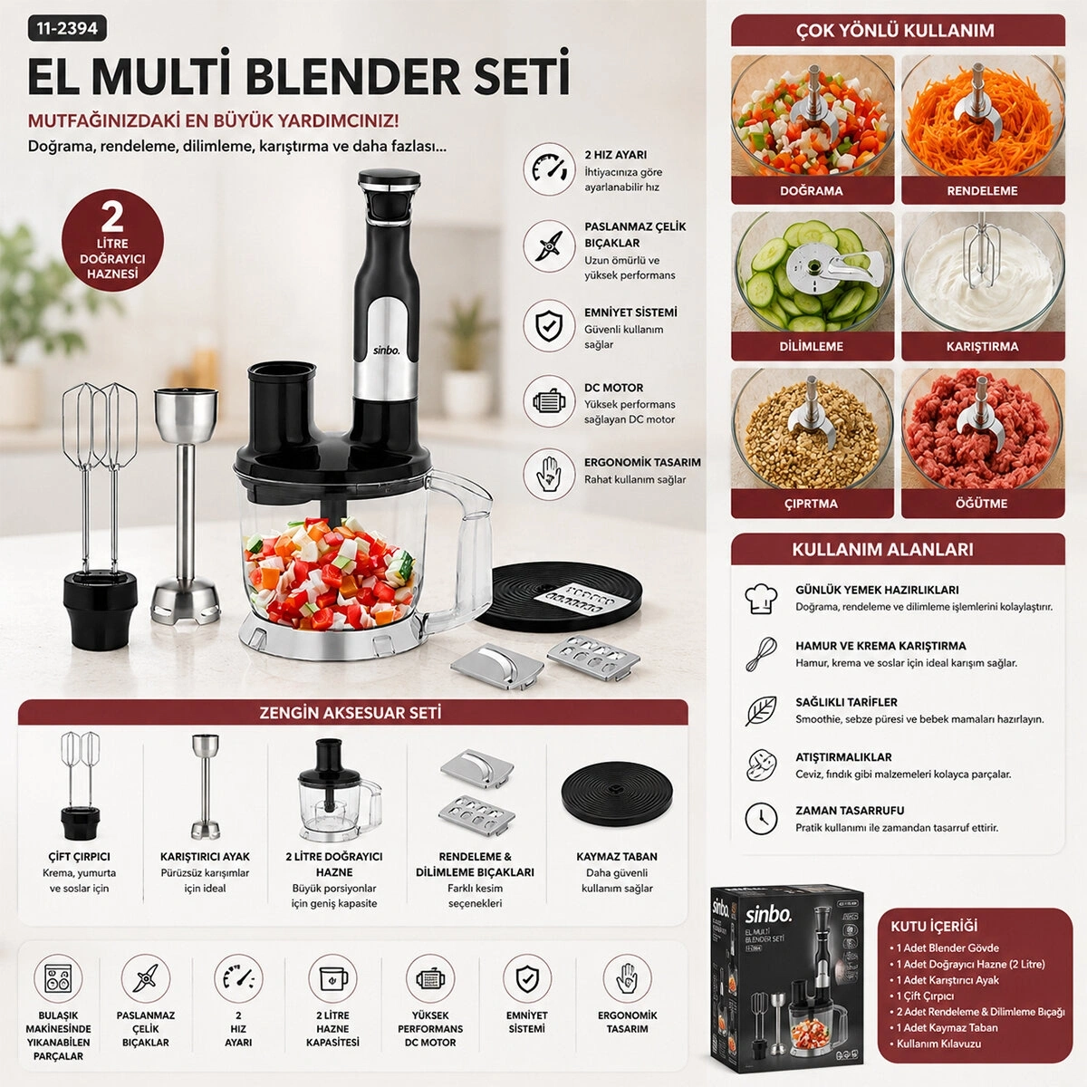 SİNBO SHB-7534 ( 2HIZ AYAR & PASLANMAZ ÇELİK BIÇAK ) EL MULTİ BLENDER SETİ ( 2 LT HAZNELİ )*4
