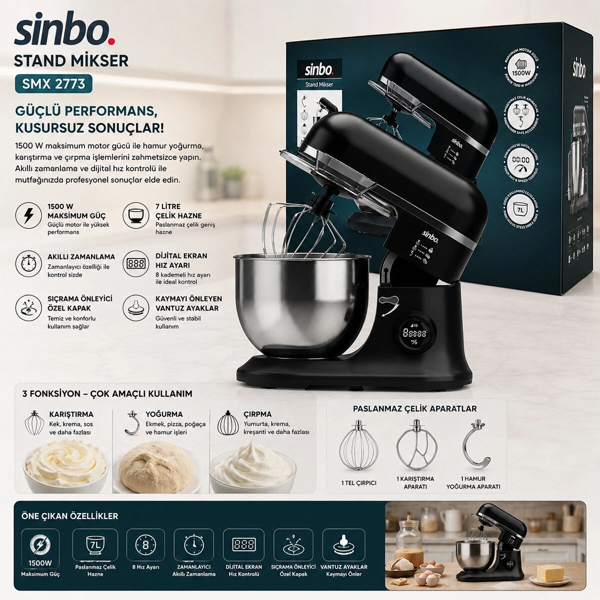 SİNBO SMX-2773 ( SİYAH ) STANDLI MİKSER ( ÇIRPICI & HAMUR YOĞURUCU & KARIŞTIRICI ) ( 8 KADEME HIZ AYAR ) ( 7L ÇELİK HAZNE ) ( 1500W )*1