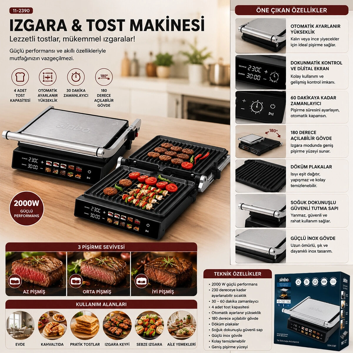 SİNBO SSM-2597 IZGARA VE TOST MAKİNES İ ( 4 DİLİM ) ( YAPIŞMAZ YÜZEY ) ( DOKUNMATİK DİJİTAL EKRAN & 2000W)*2