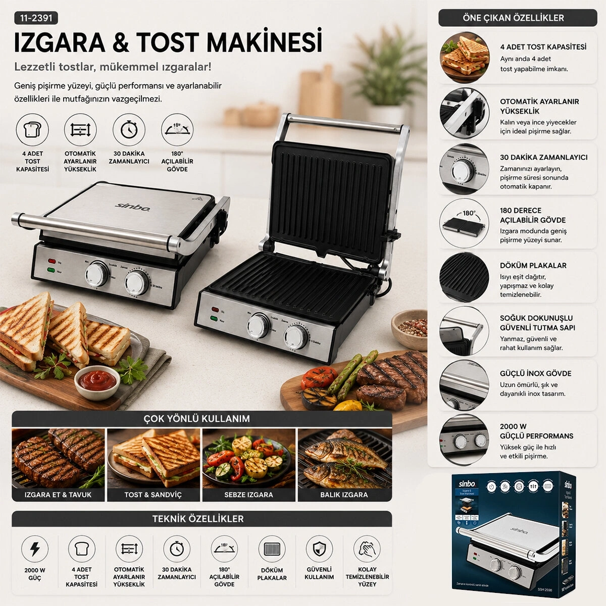 SİNBO SSM-2598 IZGARA VE TOST MAKİNESİ ( 4 DİLİM ) ( YAPIŞMAZ YÜZEY ) (2000W)*2