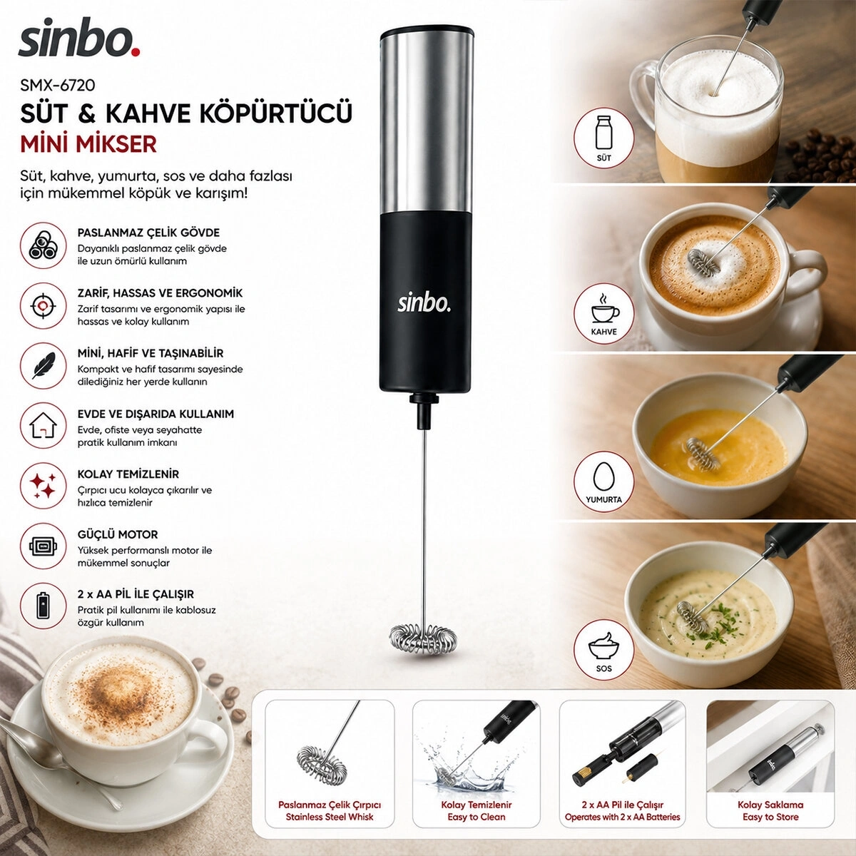 SİNBO STO-6727 ( PİLLİ ) SÜT KÖPÜRTÜCÜ & KARIŞTIRICI MİNİ MİKSER ( SÜT & KAHVE & SOS & YUMURTA)*24
