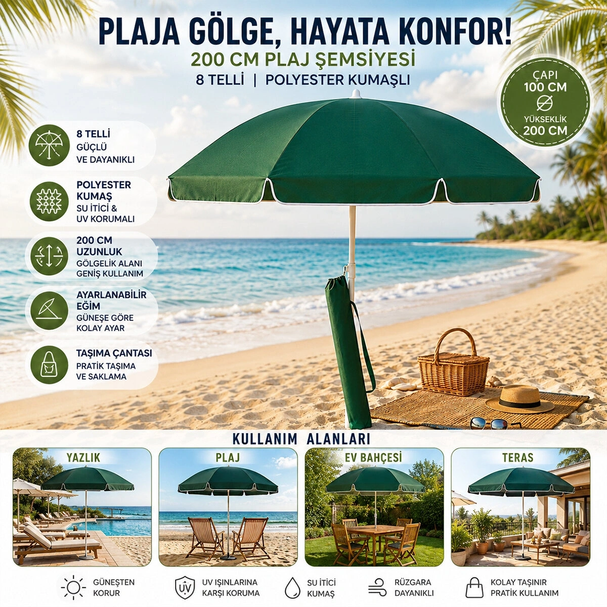 SKYBELT SKY-112 ( 200CM SAPLI ) ( ÇAP:180CM ) ( DÜZ - TEK RENK ) PLAJ ŞEMSİYESİ ( OMUZ ASKI ÇANTALI ) ( 8 TELLİ & FIBERGLASS ) ( POLYESTER KUMAŞ )*12=K
