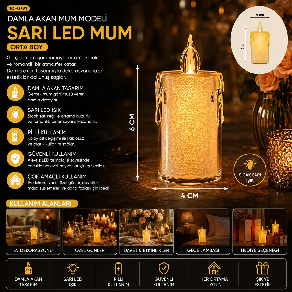 SMOKELESS CANDLE YAKUT-9458 ( ORTA BOY ) ( DAMLALI AKAN MUM MODELİ ) ( PİLLİ ) LED MUM*24X20
