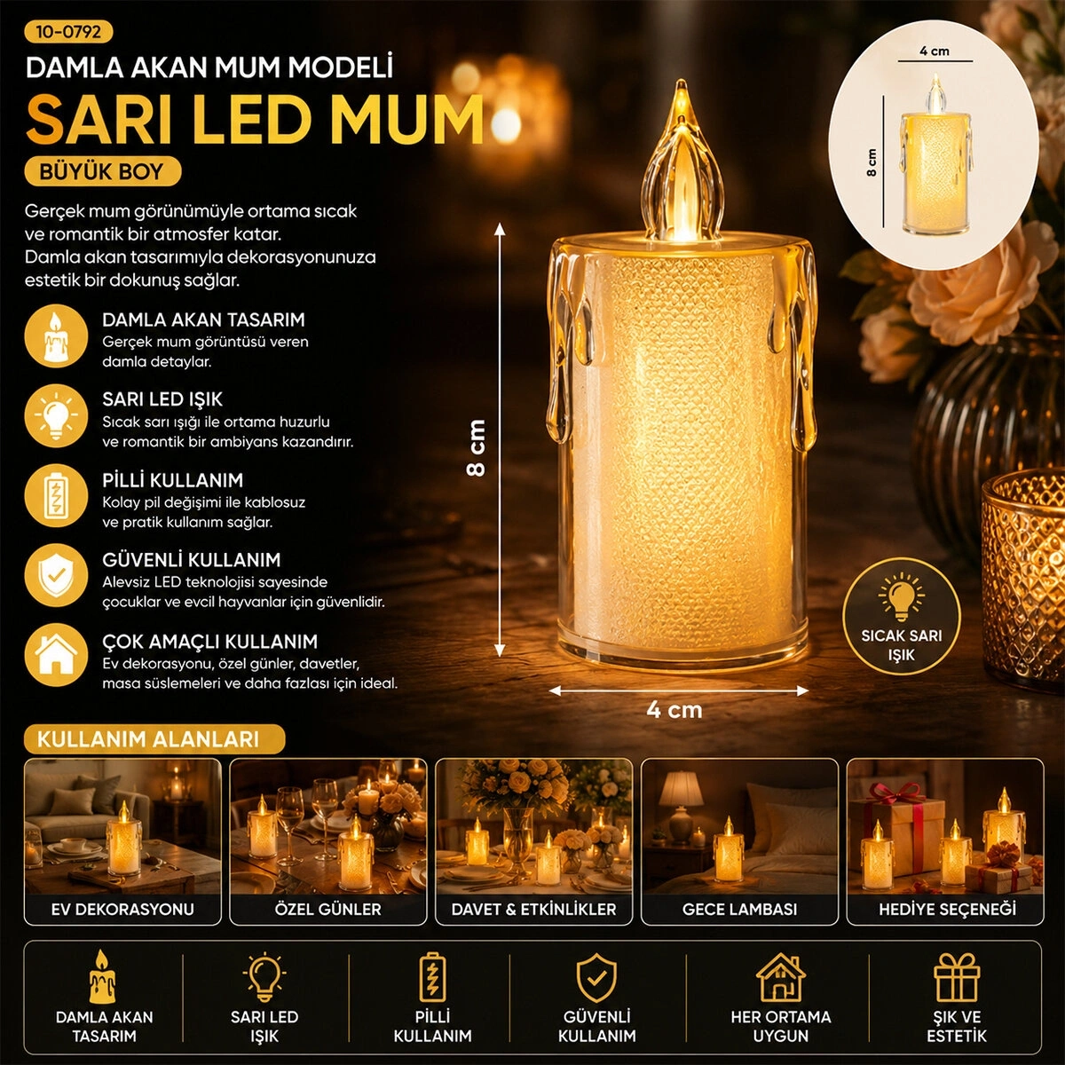 SMOKELESS CANDLES YAKUT-9459 ( BÜYÜK BOY ) ( DAMLA AKAN MUM MODELİ ) ( PİLLİ ) LED MUM*24X20