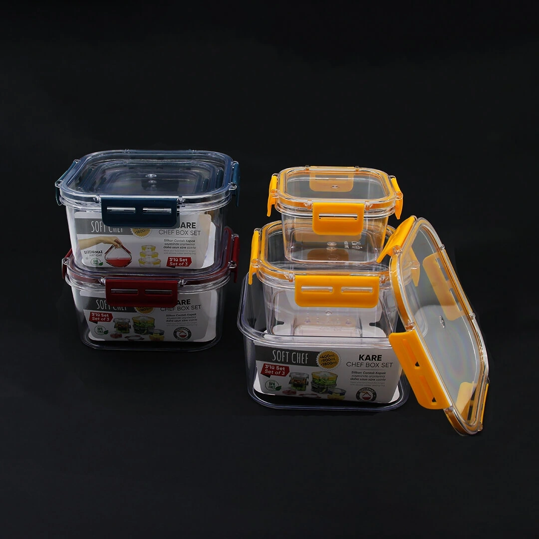 SOFTCHEF-00797 ( 3PCS ) ( KARE ) MİKA SAKLAMA KABI SETİ ( SİLİKON CONTALI KAPAK ) ( 400-900-1800ML)*12=K