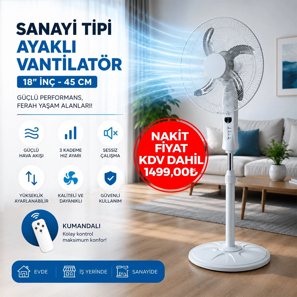 ( SP-53 ) SAHİP ( KUMANDALI ) (18 İNC) (45 CM) (SANAYİ TİPİ) AYAKLI VANTİLATÖR (5-METAL PERVANE) (3-KADEME HIZ) (65W) (Y:137CM) FAN*1