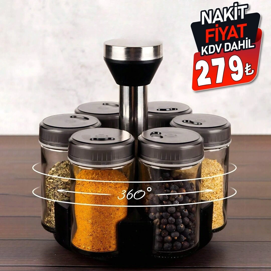 SPICE RACK OT-020 YAKUT-10754 ( 6PCS ) ( YUVARLAK ) CAM & PLASTİK KAPAK TUZLUK & BAHARATLIK ( DÖNER STANDLI )*24                            qq2