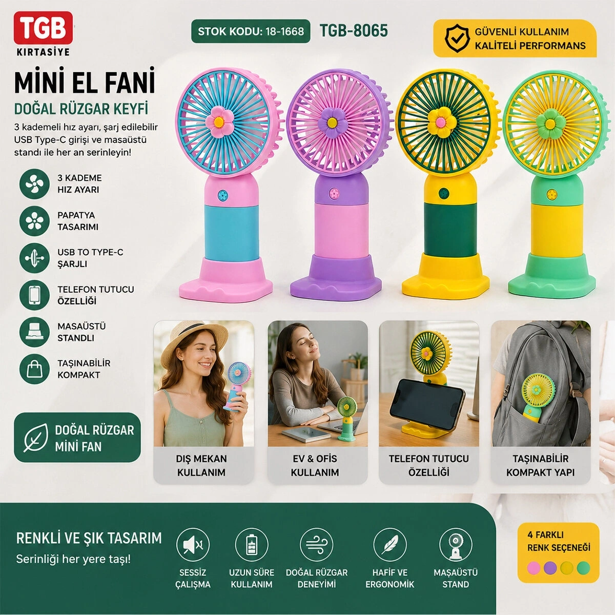 TGB-8065 MİNİ EL FANI ( USB TO TYPC-E ŞARJLI ) ( 3 KADEME HIZ AYAR) ( M.ÜSTÜ AYAKLI ) VANTİLATÖR RENKLİ*144