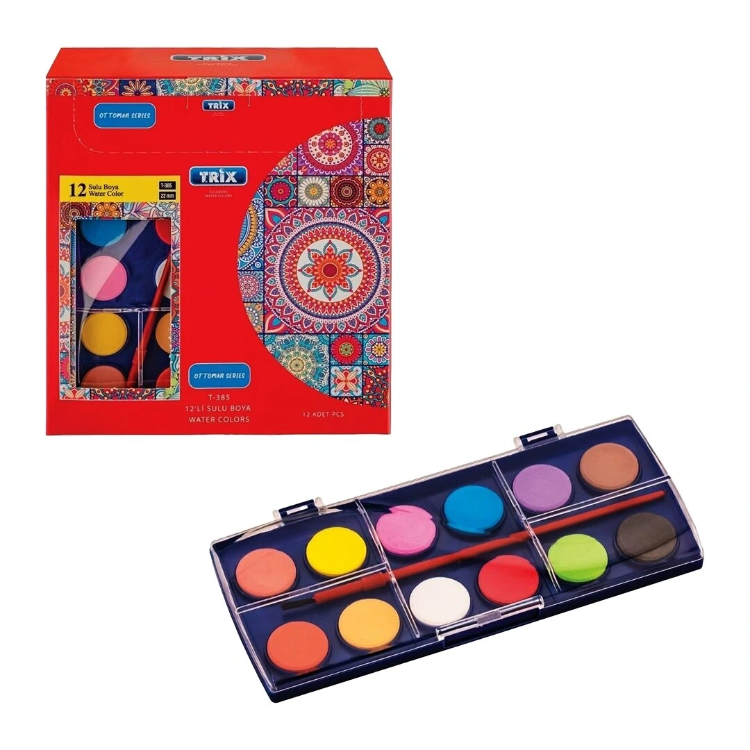 TRİX CLASS T-385 ( 12PCS = 12 RENK & +1 FIRÇA ) SULU BOYA KARE 22MM*12X12