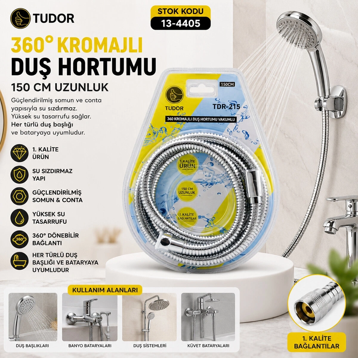 TUDOR TDR-215 ( 360° & METAL ) DUŞ HORTUMU ( 150CM ) ( VAKUMLU AMBALAJ*50