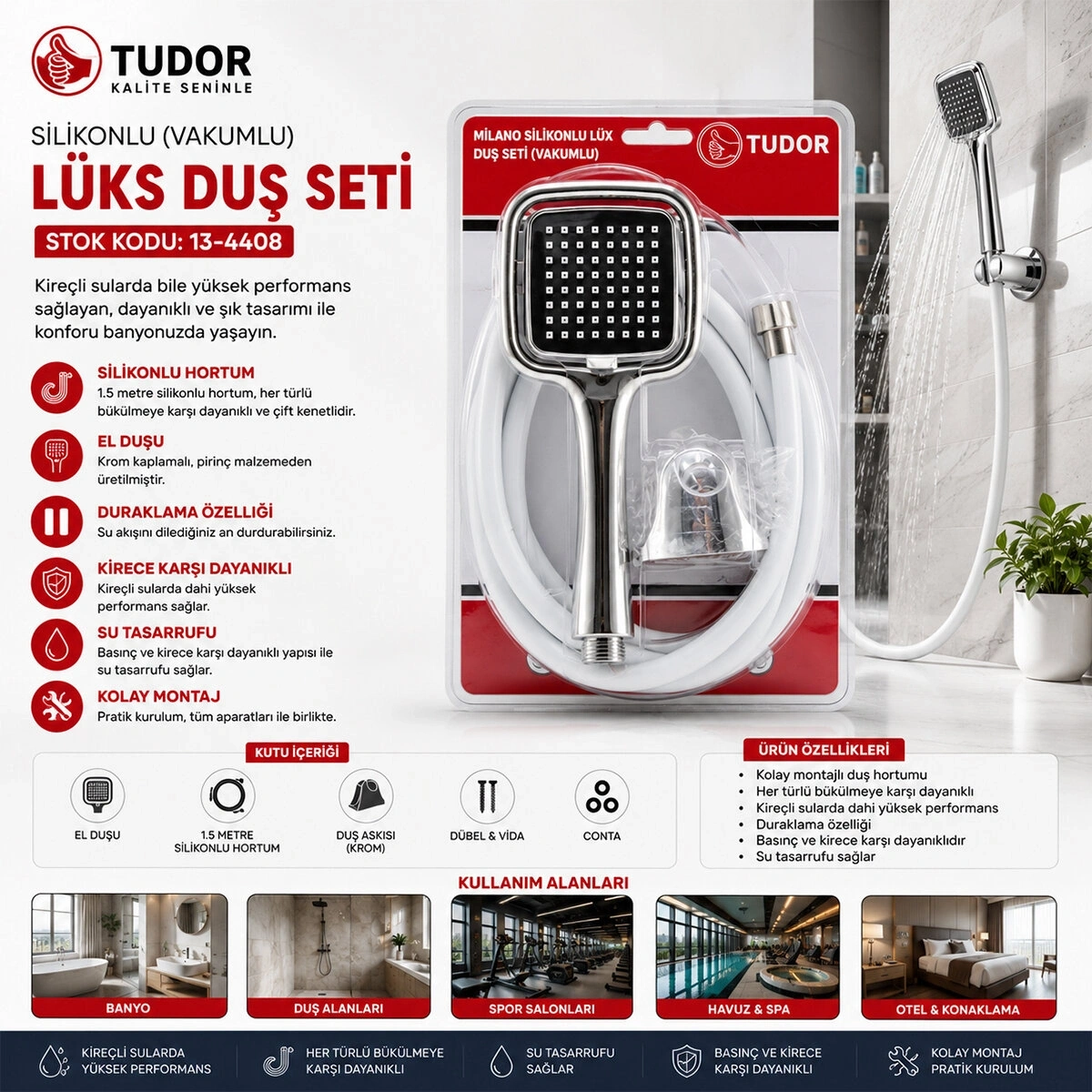 TUDOR TDR-253 MİLANO ( VAKUMLU & SİLİKON ) LÜKS DUŞ SETİ (DUŞ BAŞLIK=MİX) (SİLİKON HORTUM=1.5MT) (MAFSAL=3 KADEME)*50