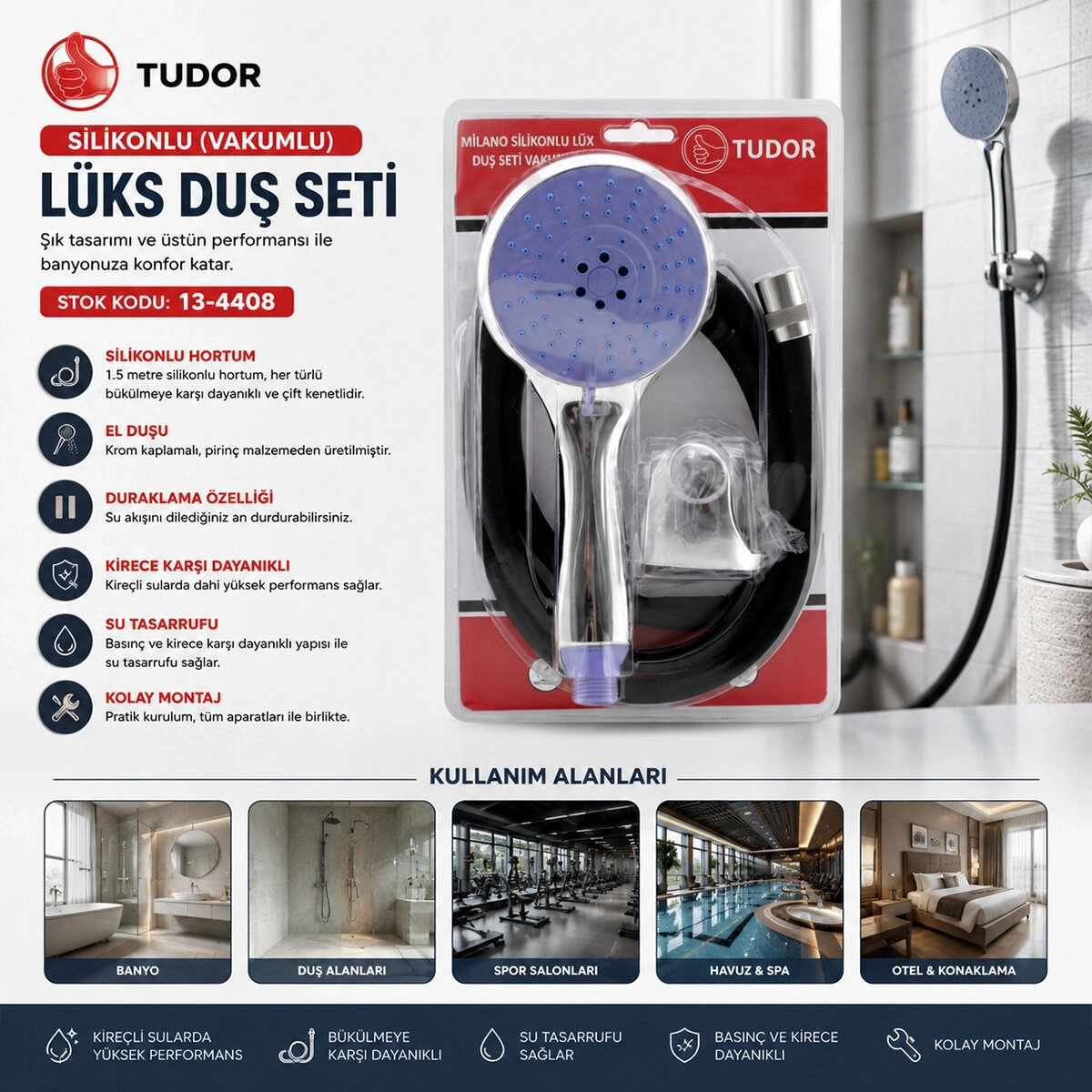 TUDOR TDR-253 MİLANO ( VAKUMLU & SİLİKON ) LÜKS DUŞ SETİ (DUŞ BAŞLIK=MİX) (SİLİKON HORTUM=1.5MT) (MAFSAL=3 KADEME)*50