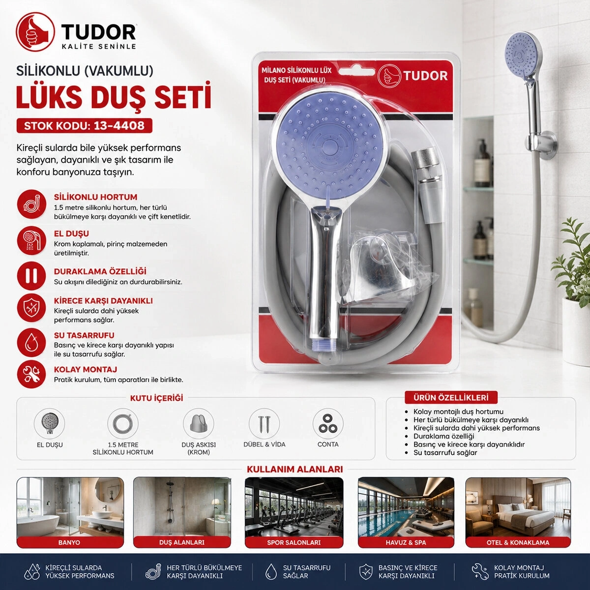 TUDOR TDR-253 MİLANO ( VAKUMLU & SİLİKON ) LÜKS DUŞ SETİ (DUŞ BAŞLIK=MİX) (SİLİKON HORTUM=1.5MT) (MAFSAL=3 KADEME)*50