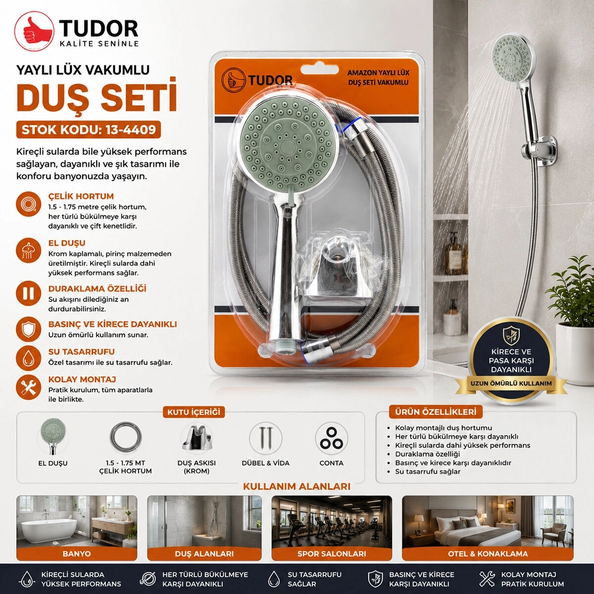 TUDOR TDR-254 ( VAKUMLU & KROM ) LÜKS DUŞ SETİ ( METAL YAYLI HORTUM=150CM ) (MAFSAL )*50