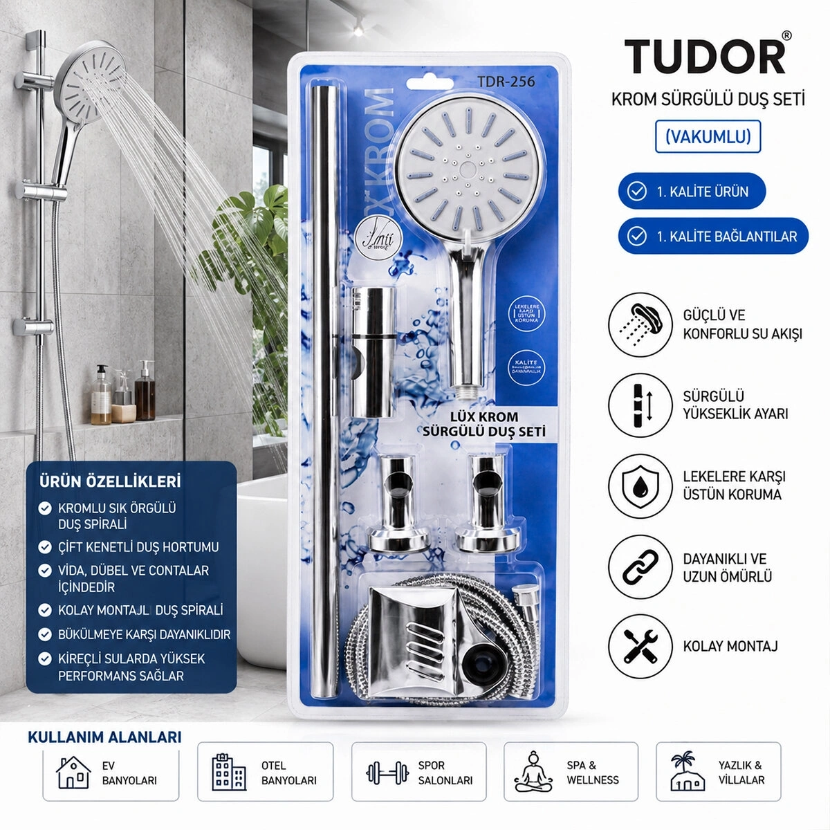 TUDOR TDR-256 ( VAKUMLU & KROM ) LUX SÜRGÜLÜ DUŞ SETİ*25