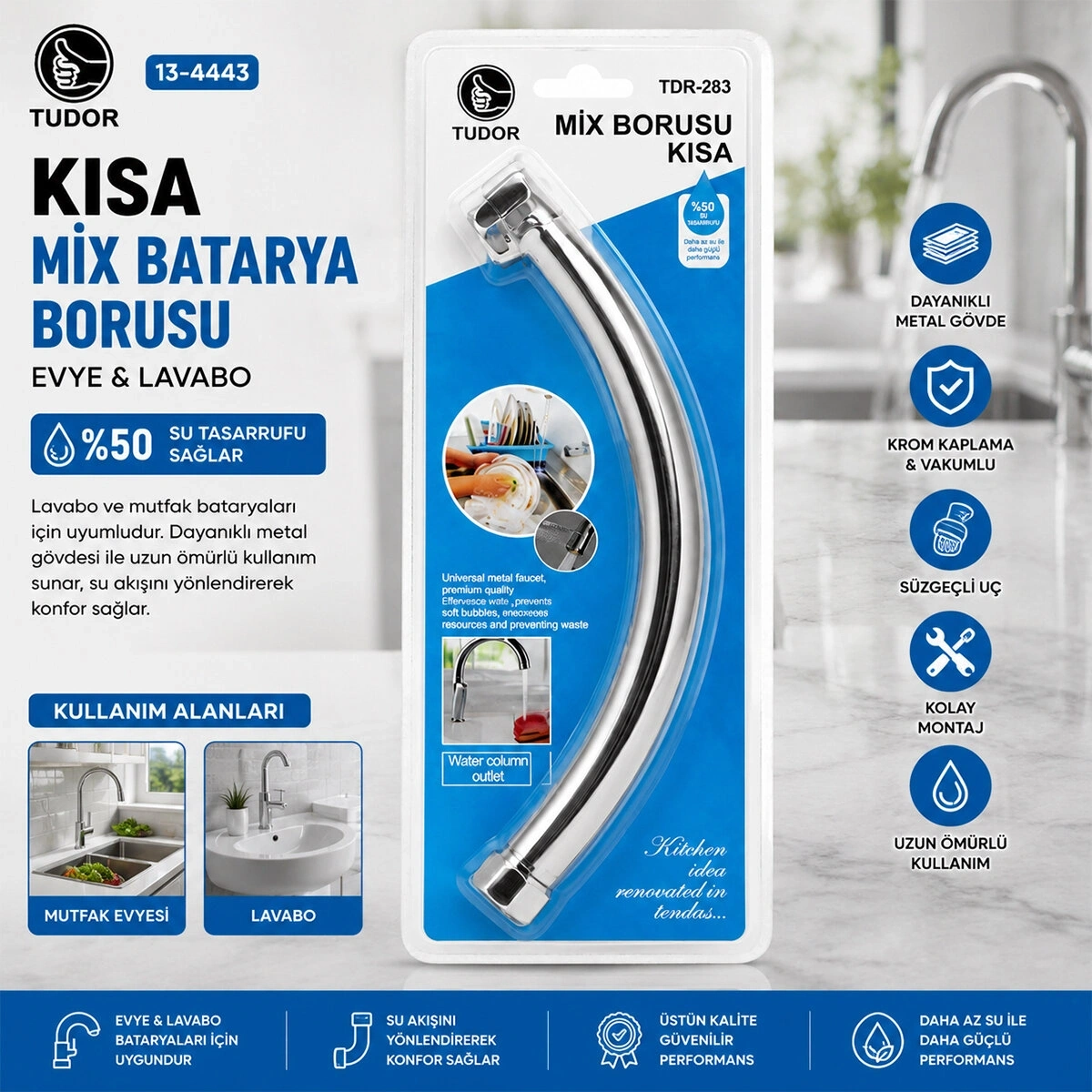 TUDOR TDR-283 ( KUĞU ) ( EVYE & LAVABO ) KISA MİX BATARYA BORUSU ( KROM KAPLAMA & VAKUMLU & SÜZGEÇLİ UÇ)*100