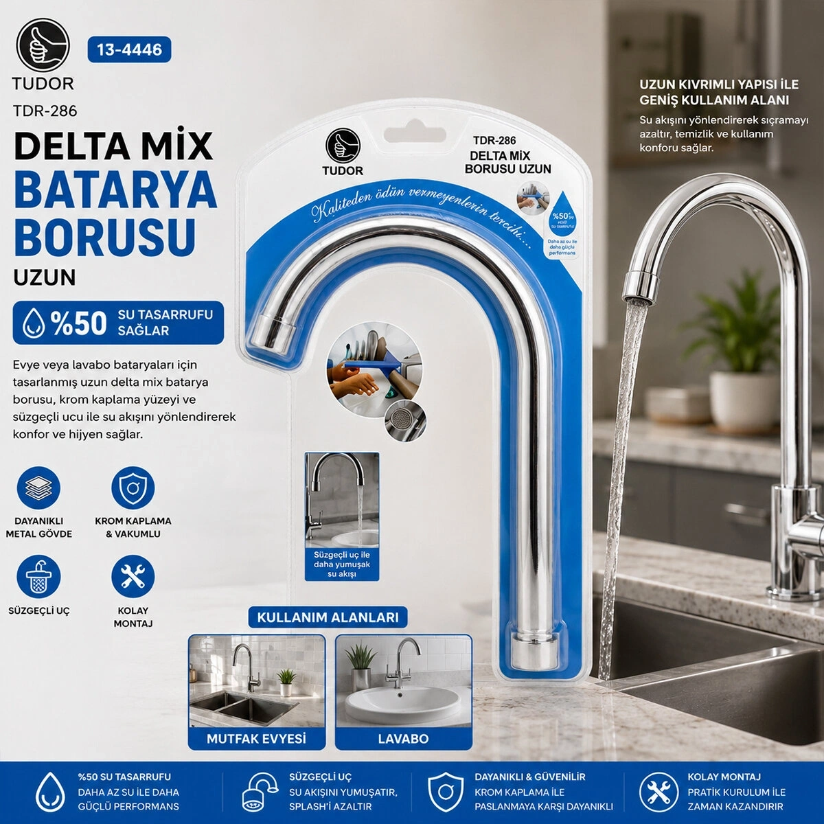 TUDOR TDR-286 ( KUĞU ) ( EVYE & LAVABO ) UZUN DELTA MİX BATARYA BORUSU ( KROM KAPLAMA & VAKUMLU & SÜZGEÇLİ UÇ)*50