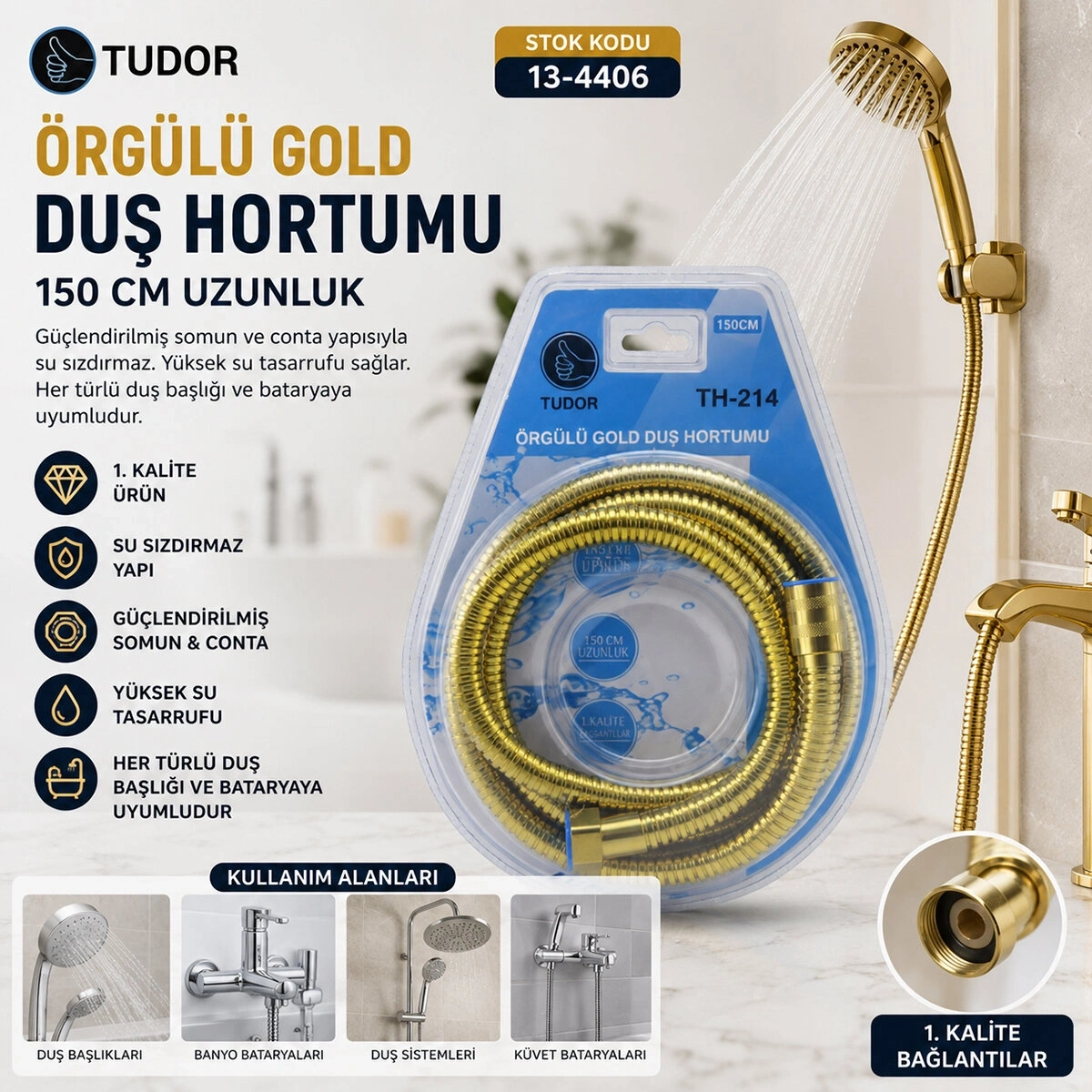 TUDOR TH-214 ( GOLD ) ÖRGÜLÜ DUŞ HORTUMU ( 150CM ) ( VAKUMLU AMBALAJ )*50