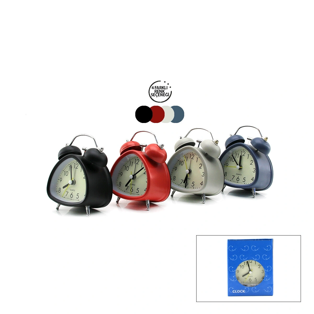 TWIN BELL ALARM CLOCK BGC-11 ÜÇGEN MASA ÇALAR SAAT ( METAL KASA RENKLİ ) ( PİLLİ & IŞIKLI ) ( ÇAP: 7.2CM )*100