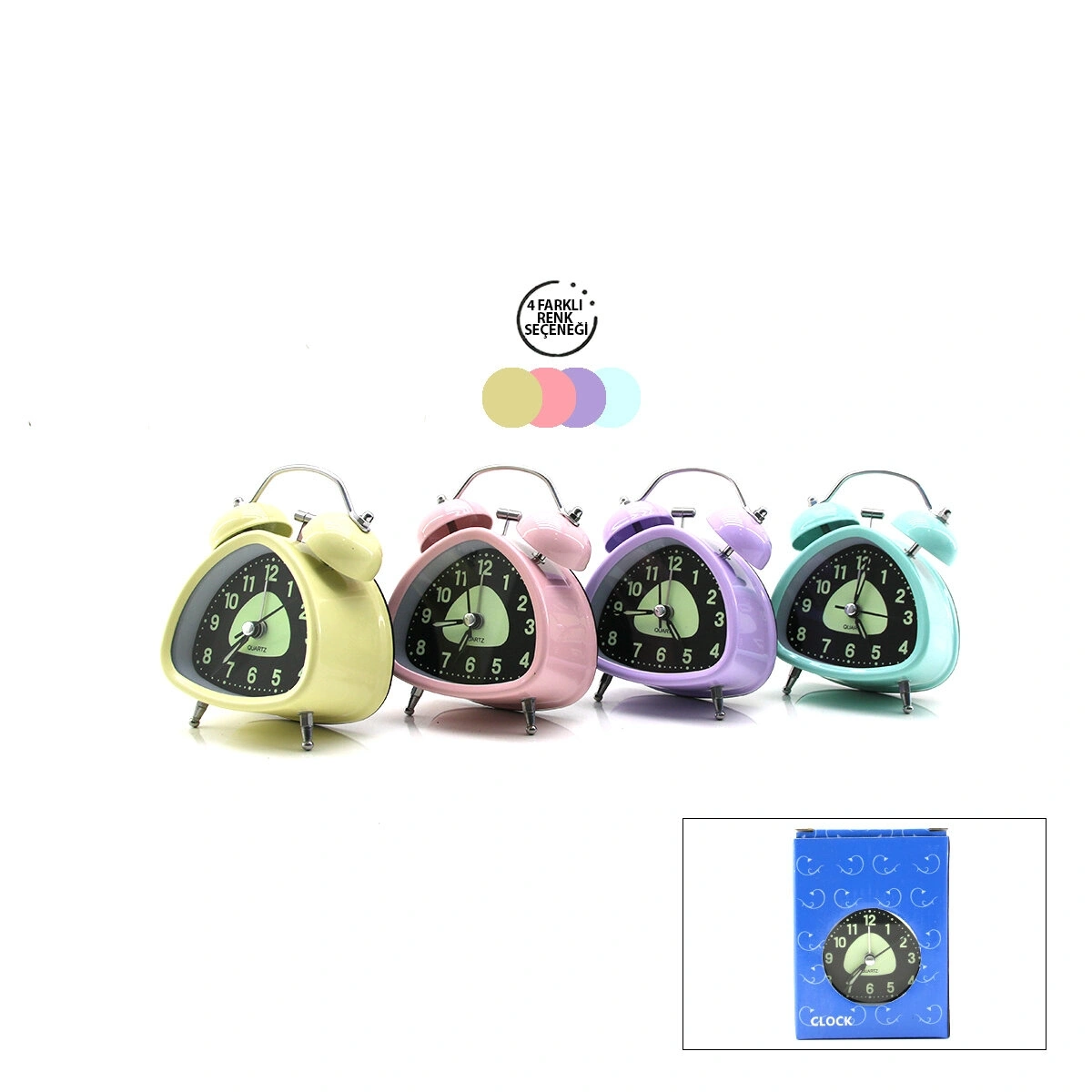 TWIN BELL ALARM CLOCK BGC-12 ÜÇGEN MASA ÇALAR SAAT ( METAL KASA RENKLİ ) ( PİLLİ & IŞIKLI ) ( FOSFORLU )*100