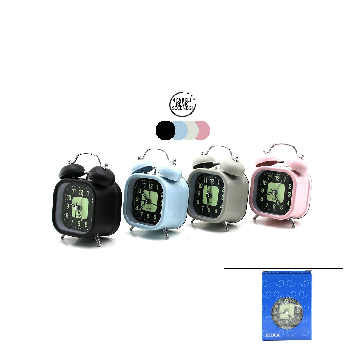 TWIN BELL ALARM CLOCK BGC-13 KARE MASA ÇALAR SAAT ( METAL KASA RENKLİ ) ( PİLLİ & IŞIKLI ) ( FOSFORLU )*100