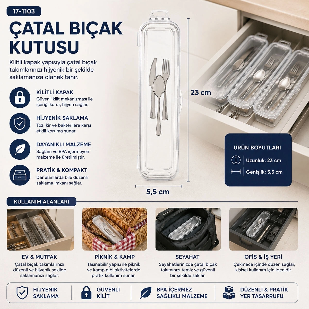 URVE UR-3575 ( ŞEFFAF PLASTİK ) ÇOK AMAÇLI ORGANİZER ( KAPAKLI KUTU ) (23X5.5CM) ÇATAL BIÇAK KUTUSU*24=K