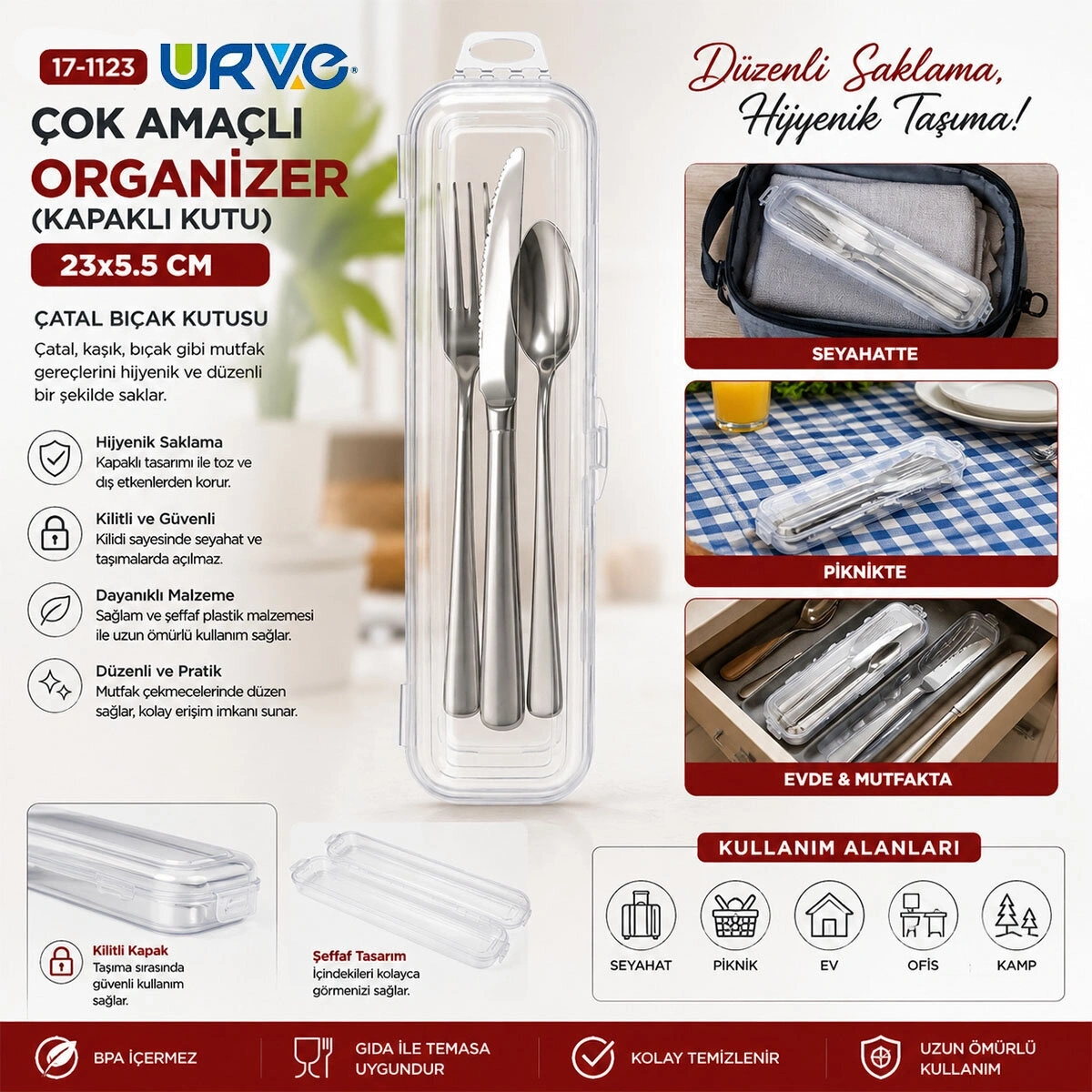 URVE UR-3579 ( ŞEFFAF PLASTİK ) ÇOK AMAÇLI ORGANİZER ( KAPAKLI KUTU ) (23X5.5CM) ÇATAL BIÇAK KUTUSU*12=K