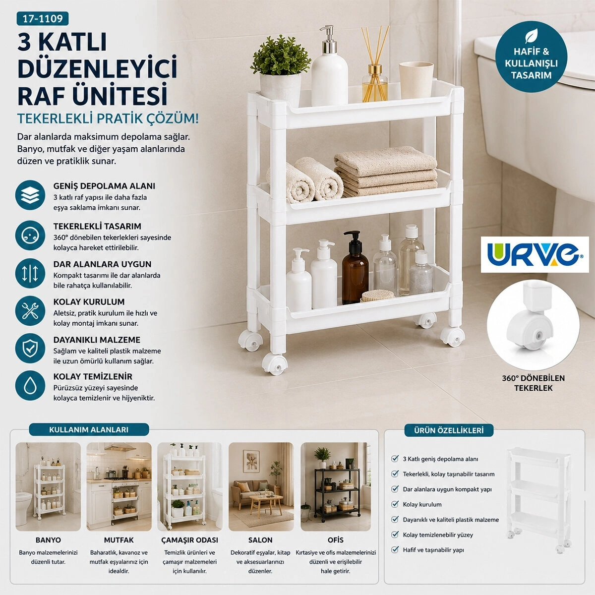 URVE UR-3586 RAFTY ( 3 KATLI ) ( TEKERLEKLİ ) SEPET ORGANİZER DÜZENLEYİCİ  ( RAF ÜNİTESİ ) ( 465X145X480MM )*12