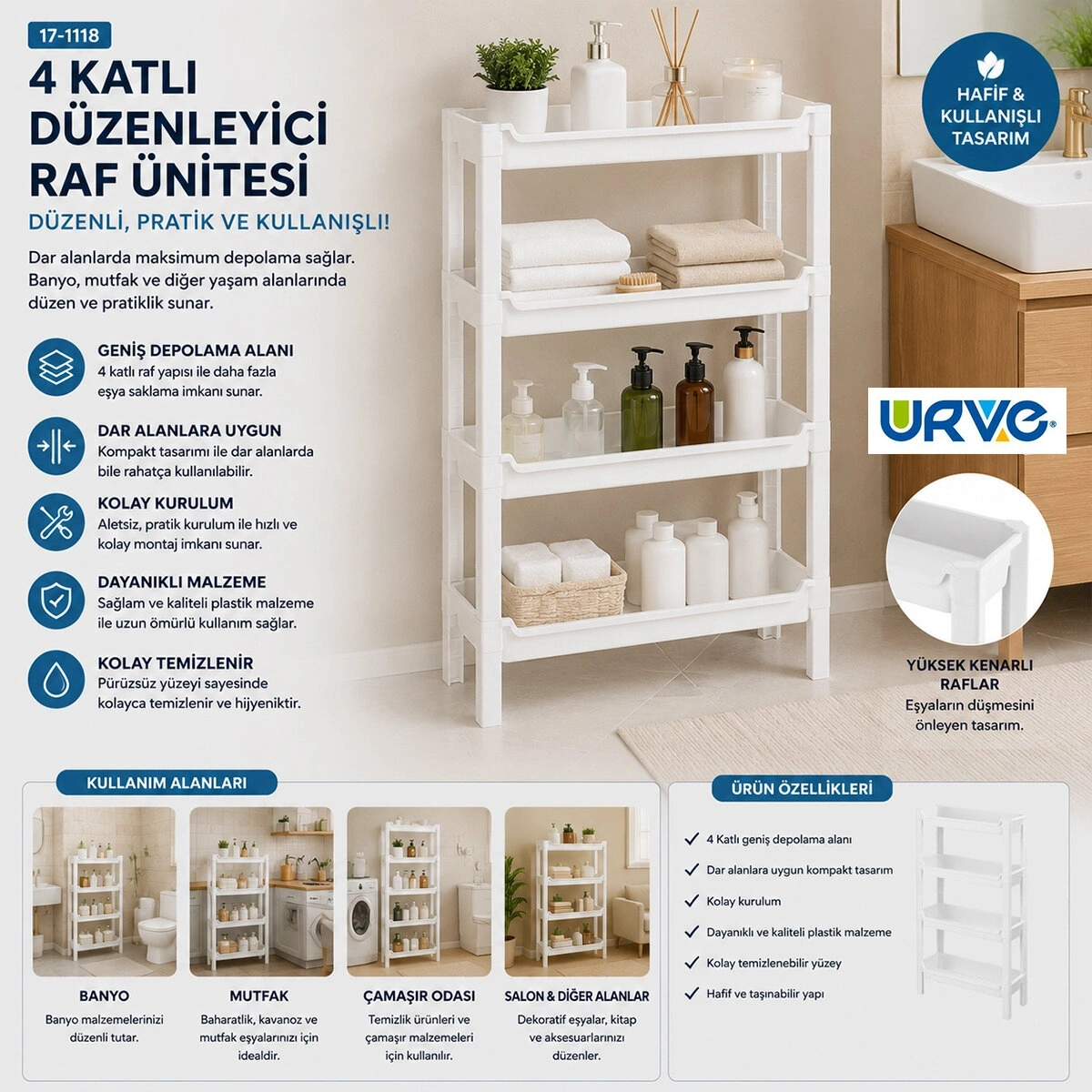 URVE UR-3590 RAFTY ( 4 KATLI ) SEPET ORGANİZER DÜZENLEYİCİ  ( RAF ÜNİTESİ ) ( 465X145X690MM )*10