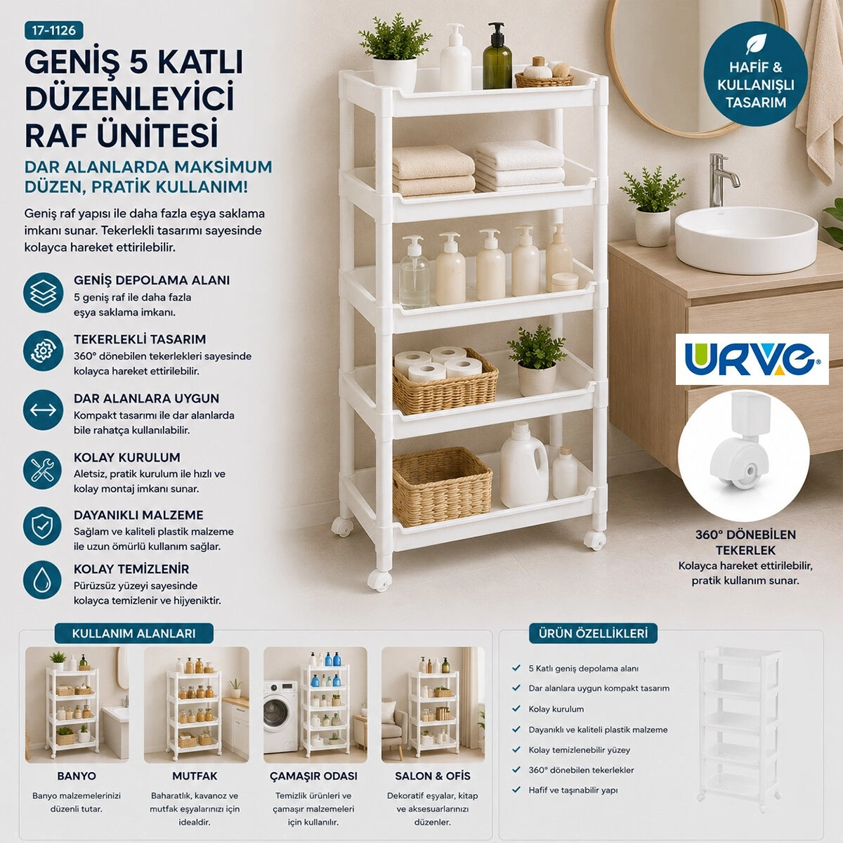 URVE UR-3600 RAFTY GENİŞ ( 5 KATLI ) ( TEKERLEKLİ ) SEPET ORGANİZER DÜZENLEYİCİ  ( RAF ÜNİTESİ ) ( 355X220X850MM )*8