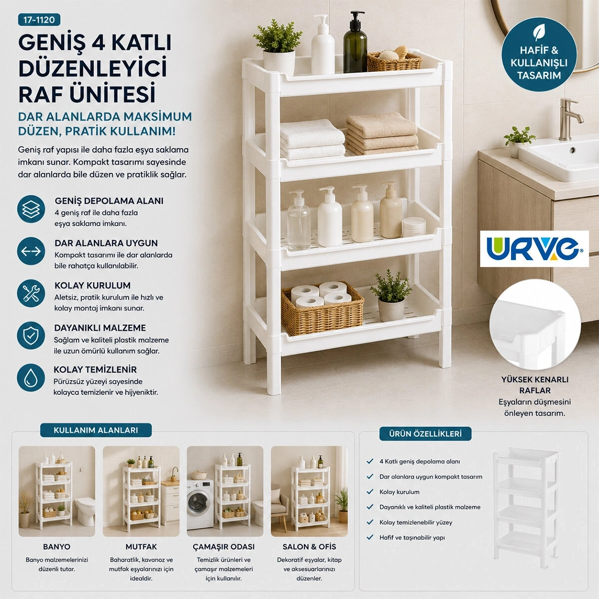 URVE UR-3602 RAFTY GENİŞ ( 4 KATLI ) SEPET ORGANİZER DÜZENLEYİCİ  ( RAF ÜNİTESİ ) ( 510X205X685MM )*10