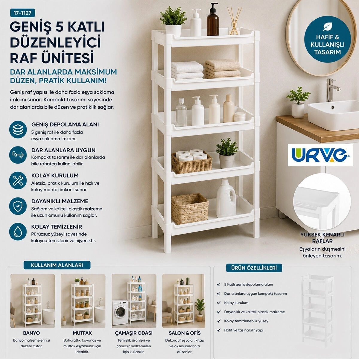 URVE UR-3603 RAFTY GENİŞ ( 5 KATLI ) SEPET ORGANİZER DÜZENLEYİCİ  ( RAF ÜNİTESİ ) ( 355X220X870MM )*8