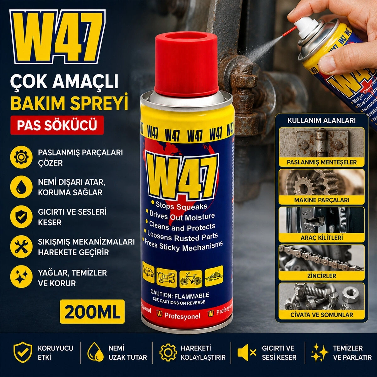 W-47 ( 200ML ) ÇOK AMAÇLI BAKIM SPREYİ PAS SÖKÜCÜ*12X8