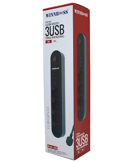 WINNBOSS-3402 TERMAL AKIM KORUMALI ( 4LÜ PRİZ ) ( 3X USB ) ( 2MT ) ( ANAHTARLI ) UZATMA KABLO SİYAH ( 10A & 2500W )*40