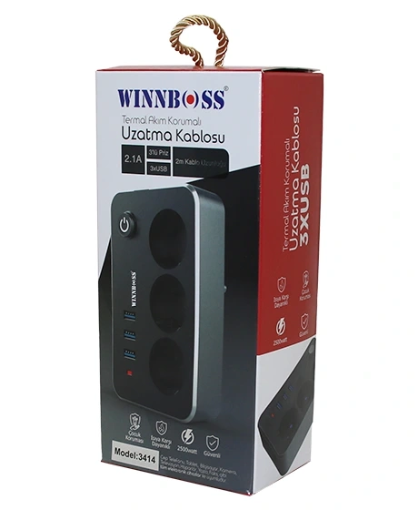 WINNBOSS-3414 TERMAL AKIM KORUMALI ( 3LÜ PRİZ ) ( 3X USB ) ( 2MT ) ( ANAHTARLI ) UZATMA KABLO SİYAH ( 2.1A )*40
