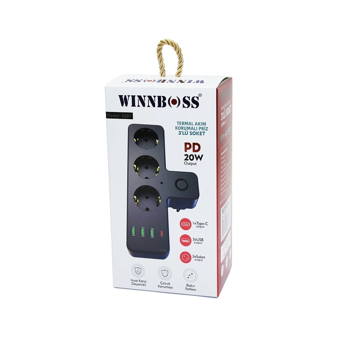 WINNBOSS-3397 SİYAH TERMAL AKIM KORUMALI  ( 3XPRİZ ) ( 3XUSB ) (1XTYPE-C) DUVAR TİPİ PRİZ*36